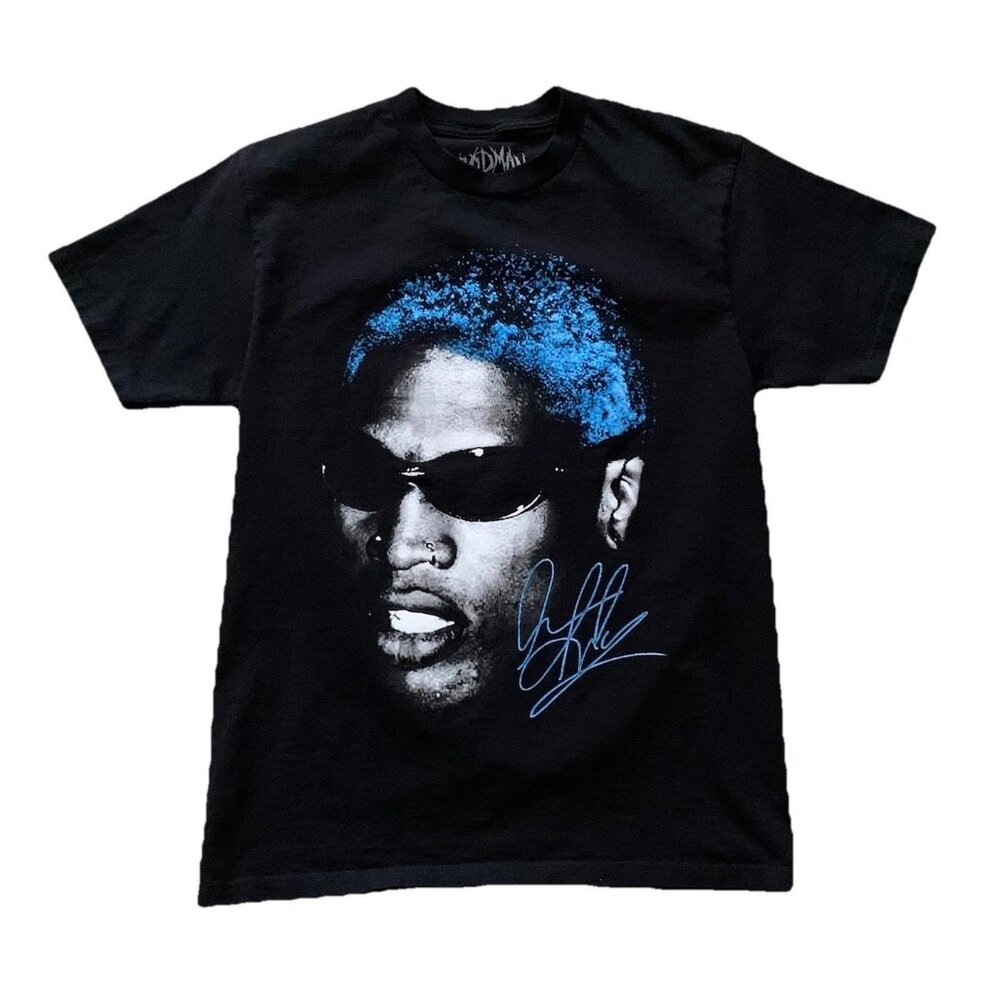 Dennis Rodman Big Face Blue Hair T Shirt Black Medium NBA Pistons Signature